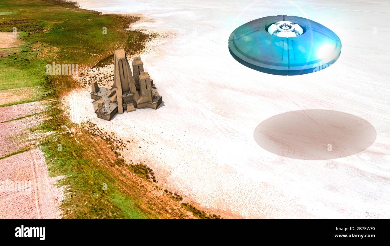 SCI-FI Tempel auf einer Salzpfanne, Luftaufnahme einer fremden Konstruktion. Außerirdische Zivilisation, neue Welten. Unirdische Kräfte und Energien. UFO fliegen Stockfoto
