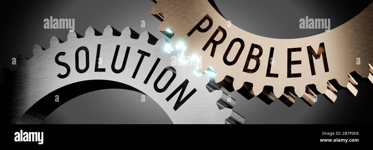 Problem, Lösung - Zahnradkonzept - 3D-Abbildung Stockfoto