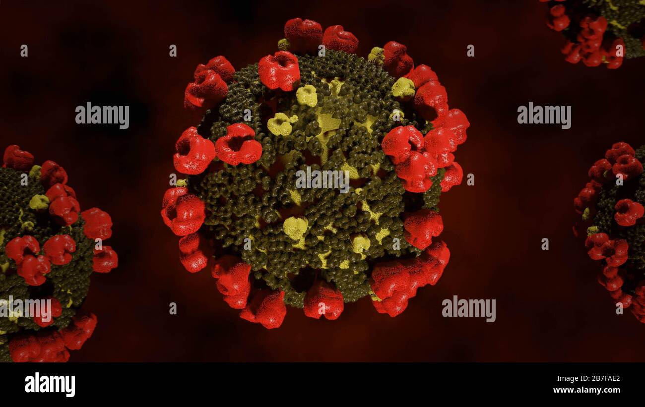 Coronavirus 2019-nCoV Wuhan. SARS-COV-2, bekannt als 2019-nCoV, COVID-19. Realistische medizinische Darstellung 3D-Rendering. Stockfoto