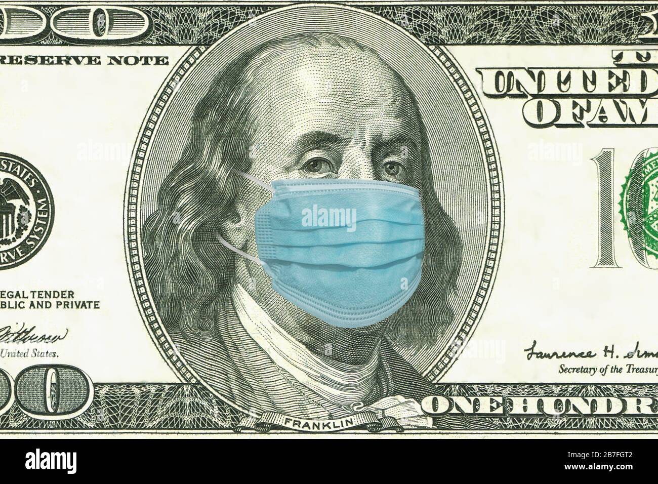 Einhundert Dollar Bill Mit medizinischer Gesichtsmaske auf Benjamin Franklin. Stockfoto