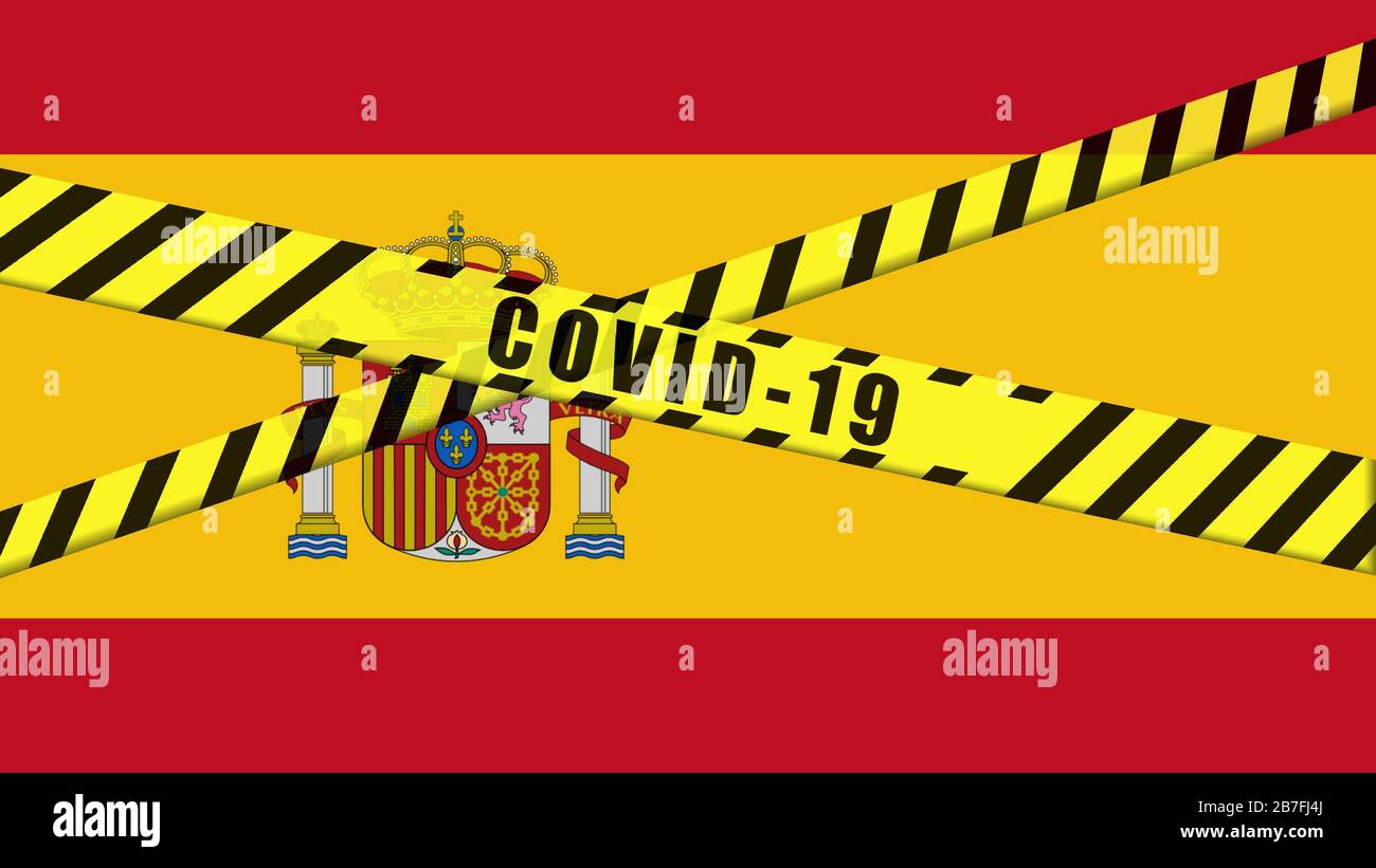 COVID-19 Warnband Schwarz und Gelb auf SPANIEN FLAGGENABBILDUNG, Coronavirus Gefahrenbereich, Spanische Eindämmung, Quarantäne Land Stockfoto