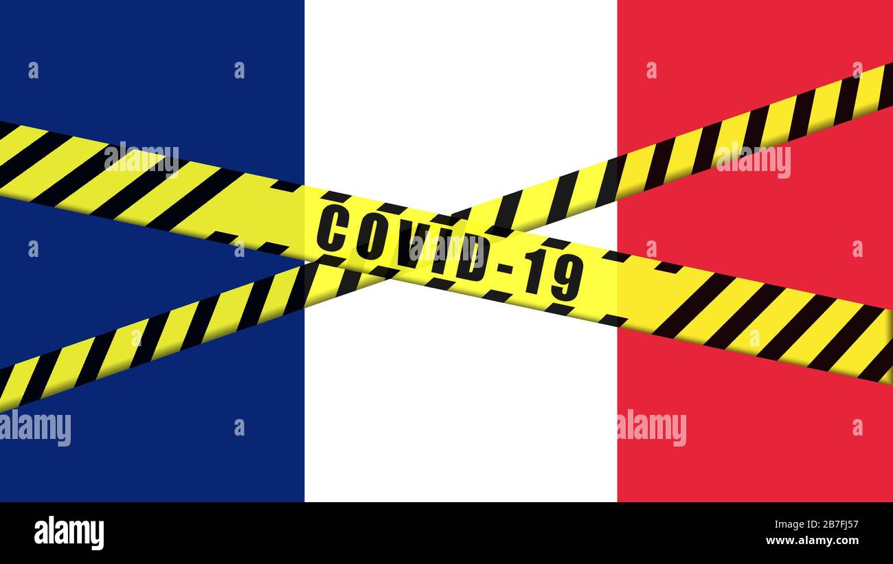 COVID-19 Warnband Schwarz und Gelb auf FRANZÖSISCHER FLAGGENABBILDUNG, Gefahrenbereich Coronavirus, Eindämmung Frankreich, Quarantäneland Stockfoto