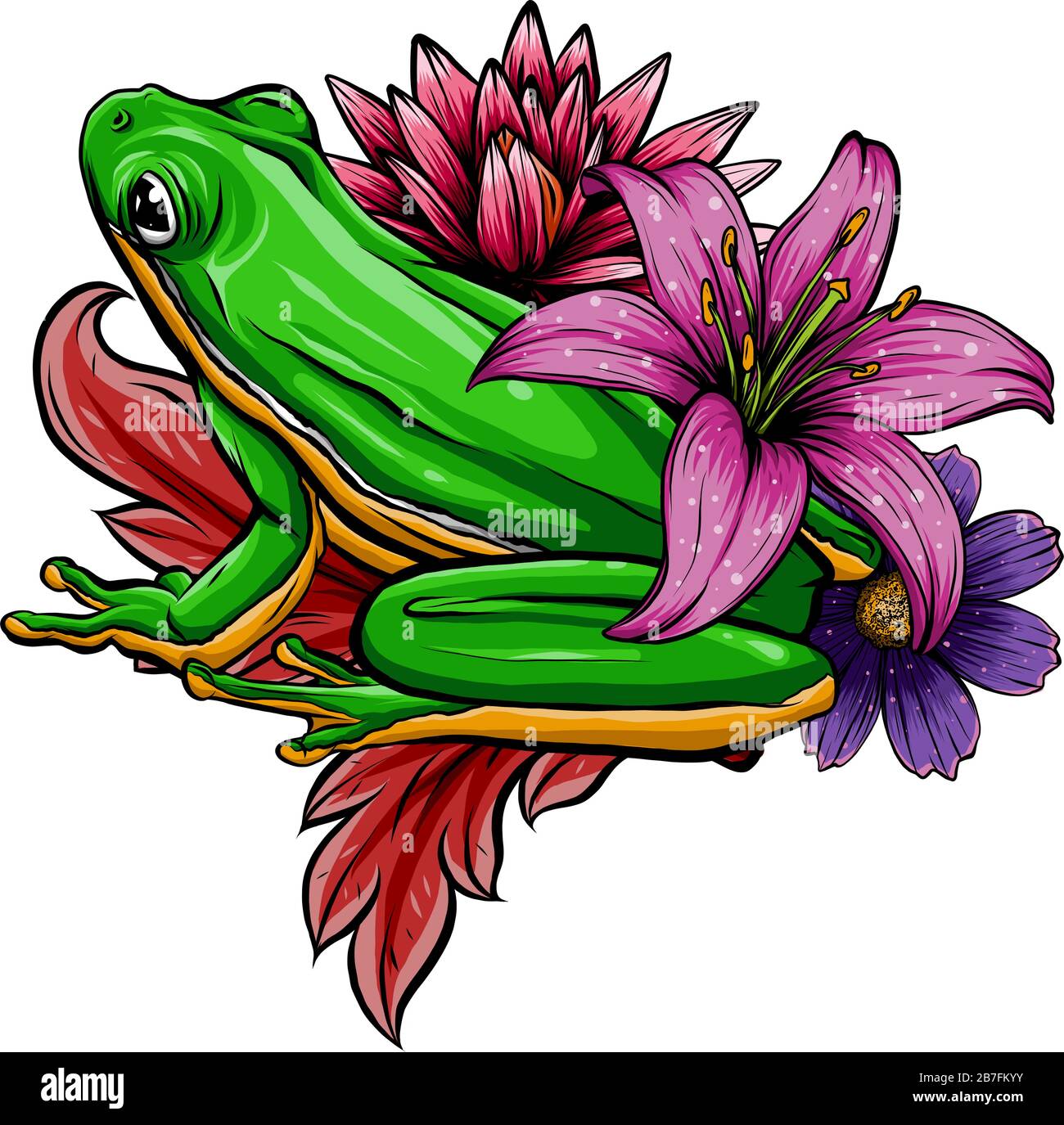 Cute frog Cartoon. Cartoon Frosch sitzend mit Blume, Vector Illustration Stock Vektor