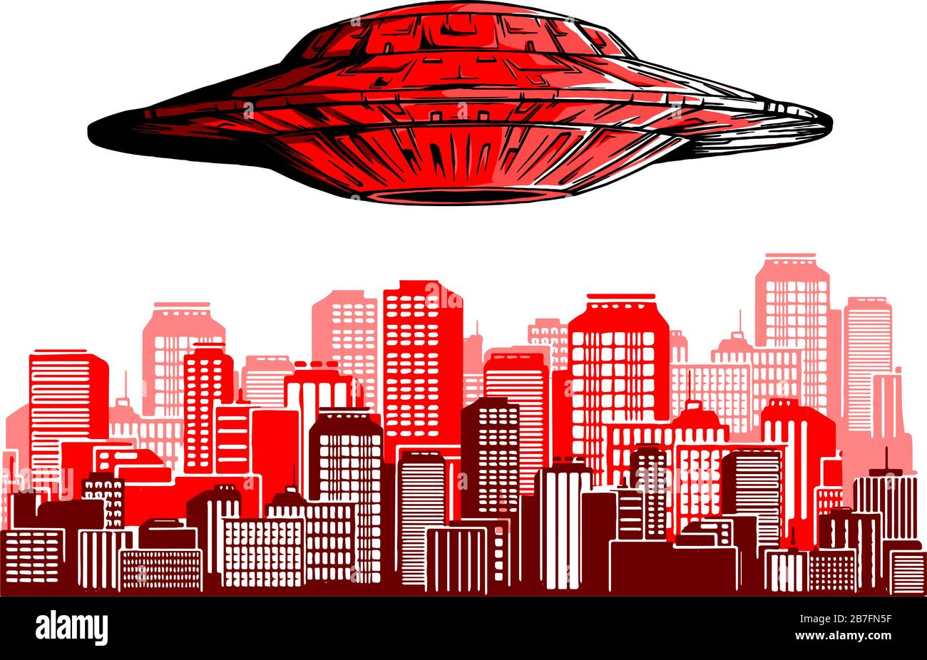 UFO-Einstellung in der Nachtstadt, Suche nach einem professionellen, außerirdischen Raumschiff, das über Wolkenkratzer und leere Straße in Megapolis mit hellem Strahl fliegt, Stock Vektor