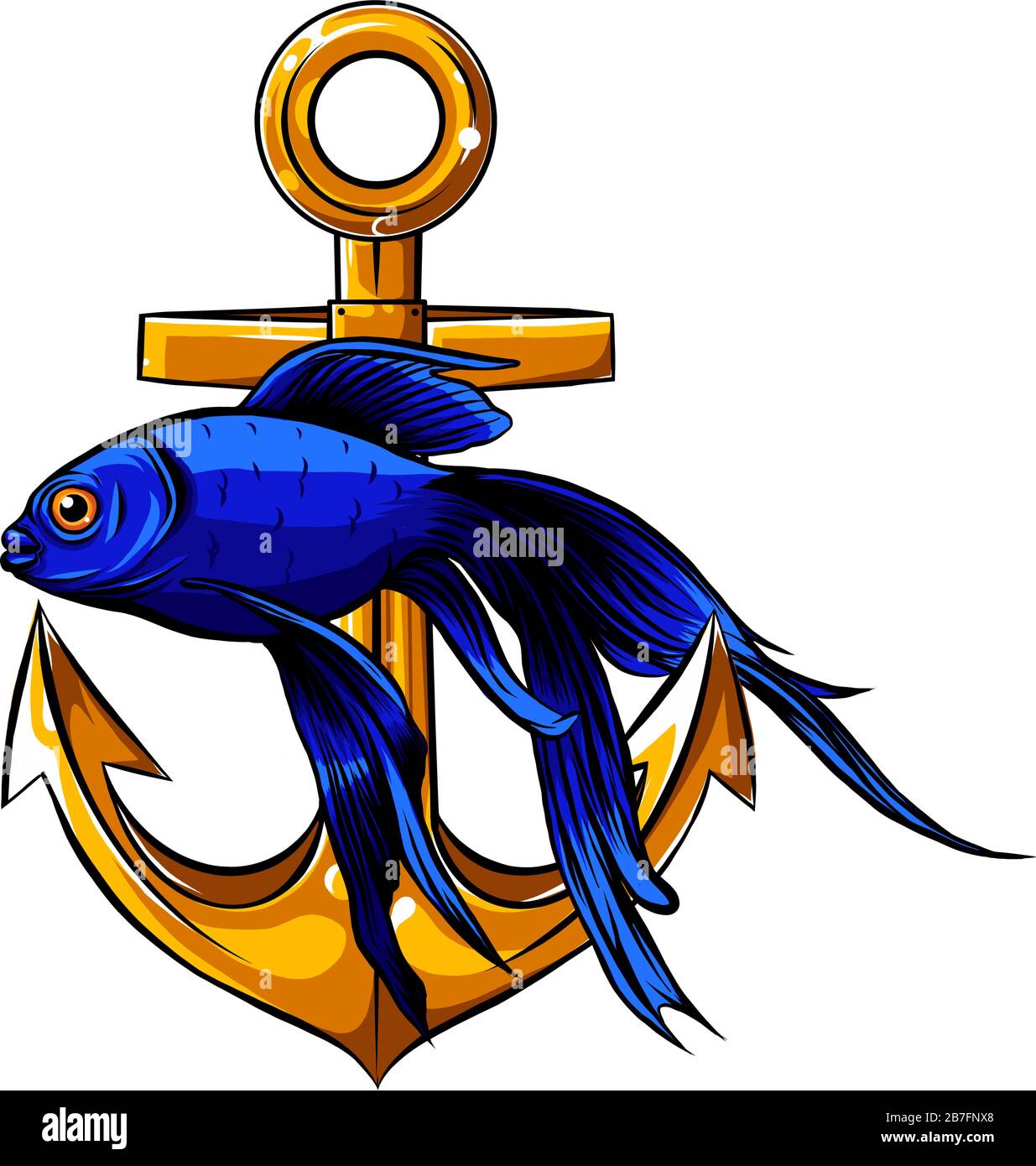 Ein Draw Anchor und Fischvektor illustrarion Stock Vektor