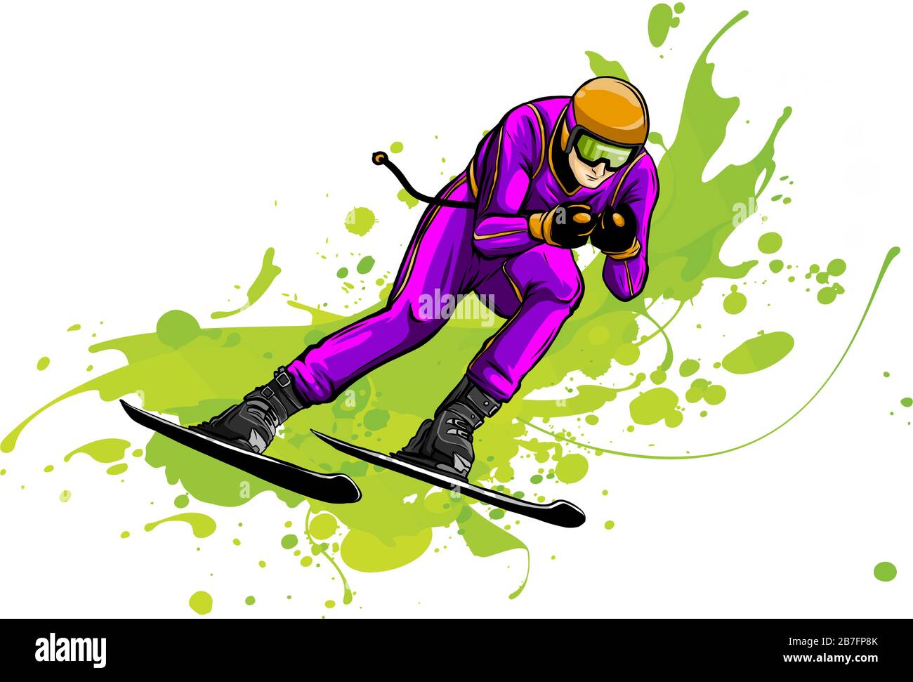 Junger Mann, der auf Skiern auf Schnee reitet, Winter. Flache Illustration im Cartoon-Stil. Stock Vektor