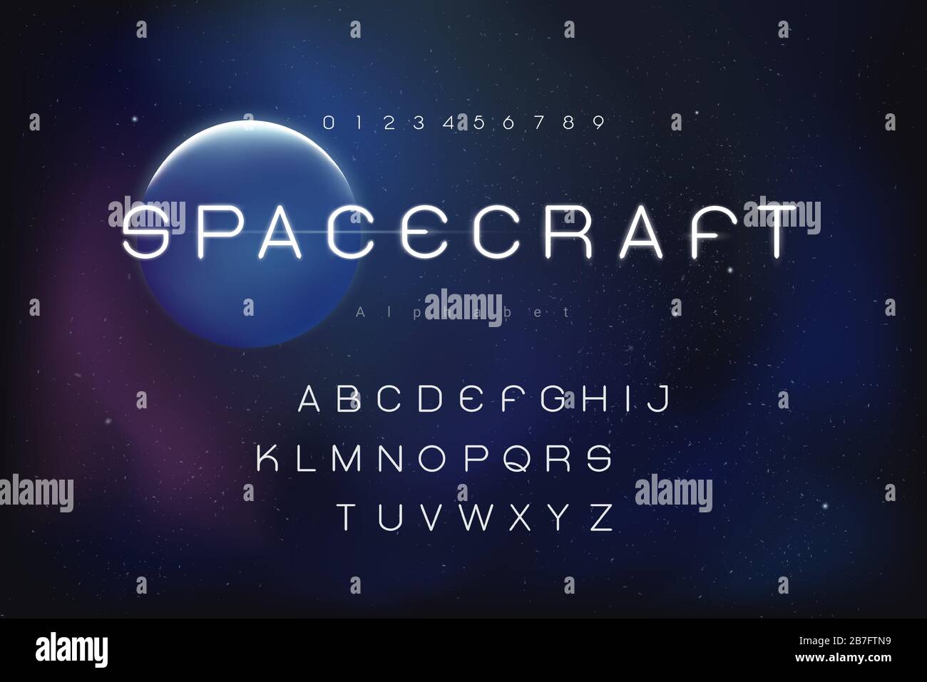 Futuristische Schriftart für das Thema "Äußerer Raum" mit Zahlen Stock Vektor