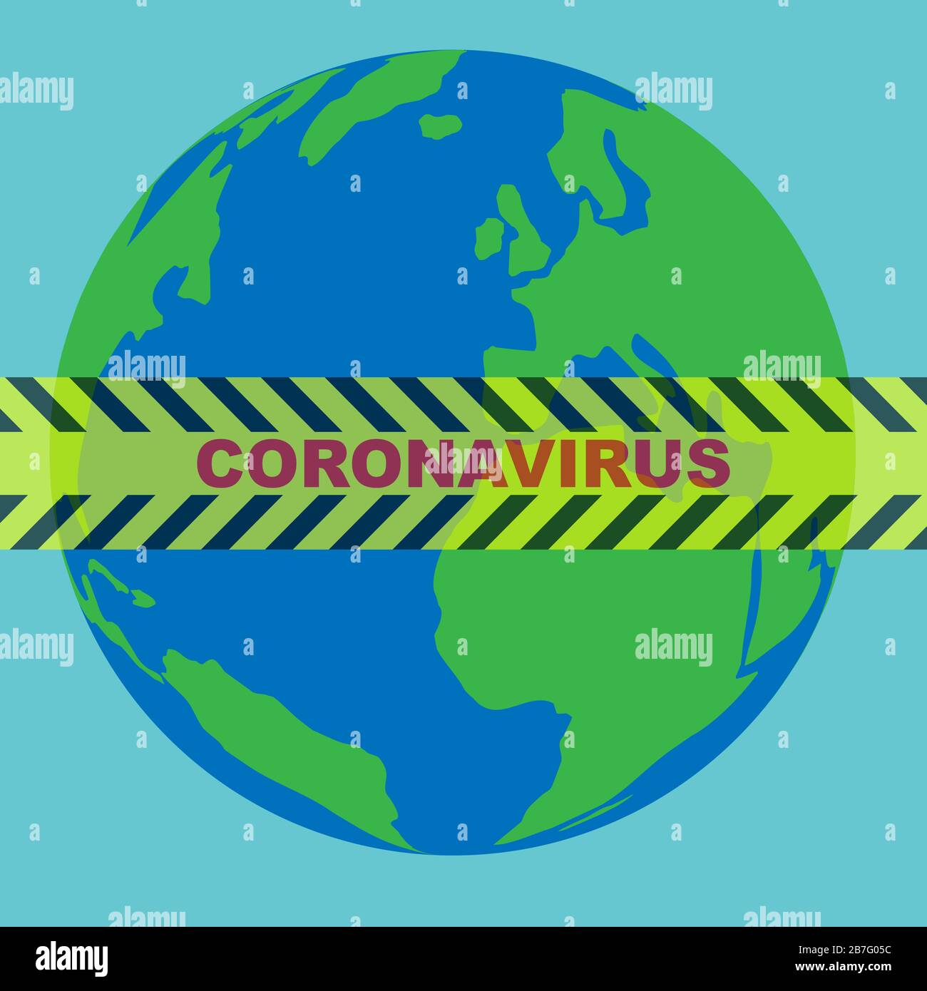 Gelbes schwarzes Barrikadenband mit dem Text Coronavirus auf dem Erdball, globales Pandemiekonzept Stock Vektor