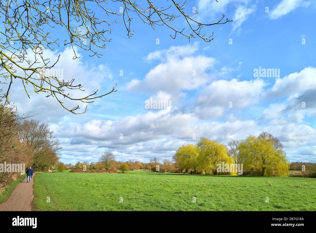 Die Spaziergänger gehen an einem Wintertag auf einem Weg in Grantchester Meadows, Cambridge, England. Stockfoto