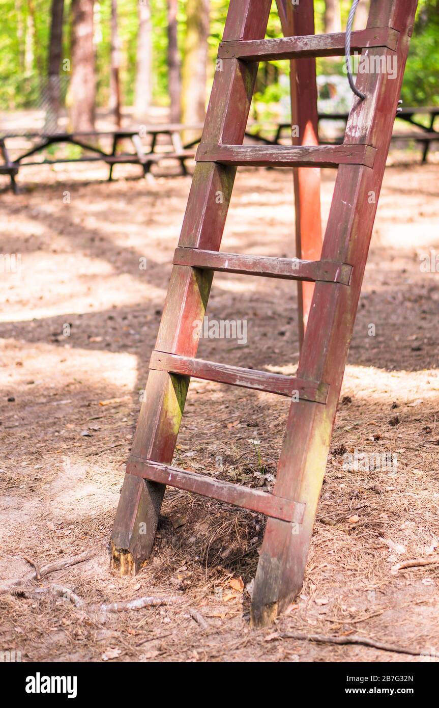 Vertikale Aufnahme einer alten rostigen Leiter mit einem verschwommen Hintergrund Stockfoto