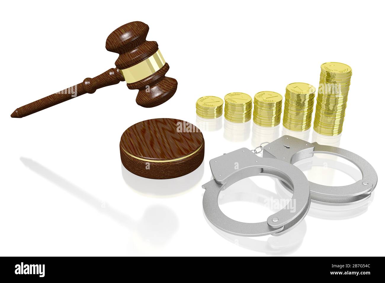 3D-Gesetz, Kriminalitätskonzept - Handschellen, Geld Stockfoto