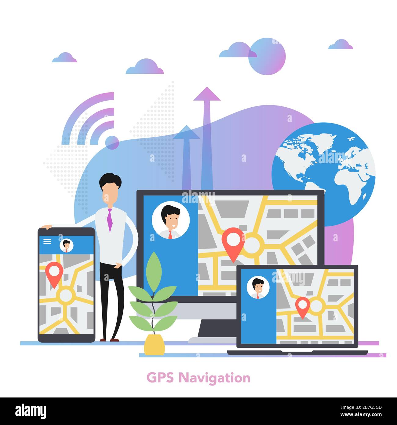 Vector Square GPS Navigation auf verschiedenen Geräten Konzept Stock Vektor