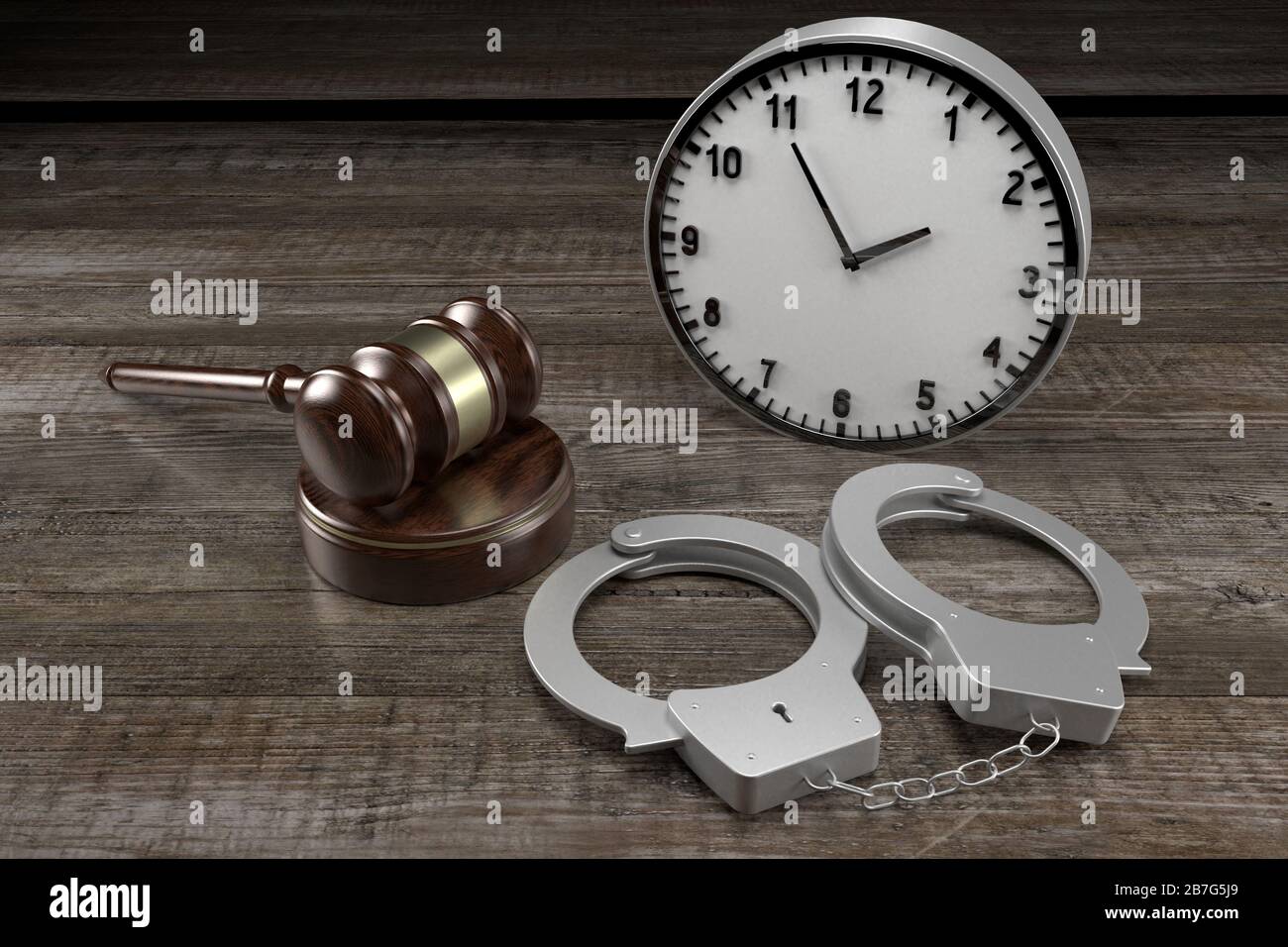 3D-Gesetz, Kriminalität, Satzkonzept - Handschellen, Uhr Stockfoto
