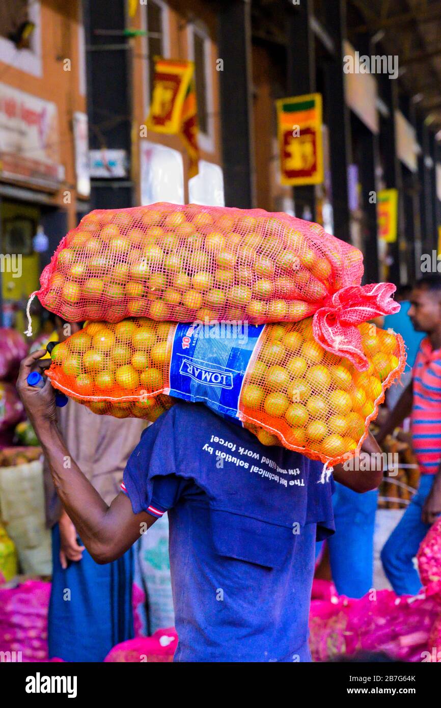 Südasien Sri Lanka Ceylon Dambulla Economic Center Center Großhandel Gemüse & Obst Markt 2 rote Plastiktüten Träger Äpfel Stockfoto