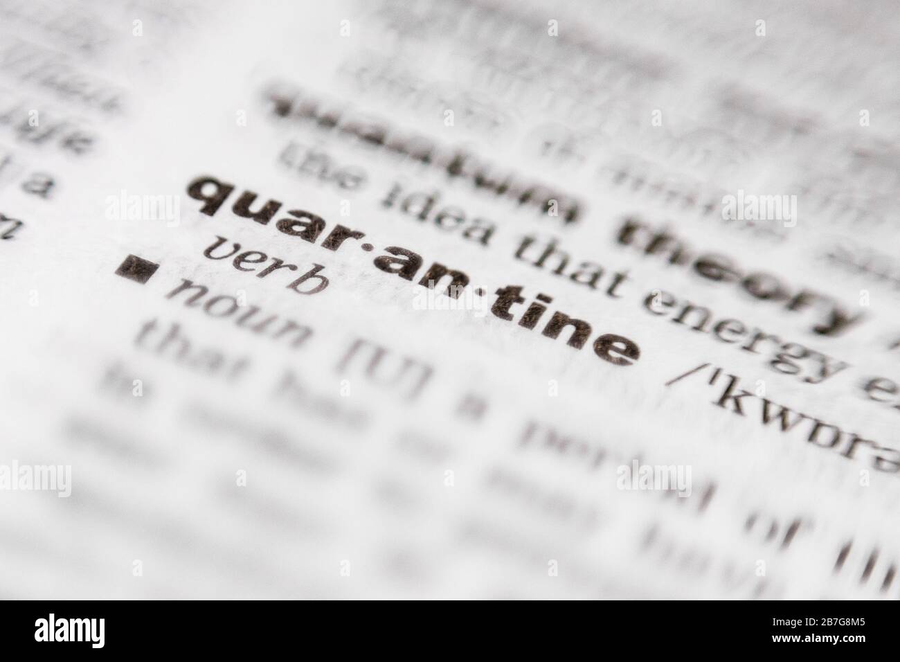 Quarantäne - fokussierte Nahansicht eines gedruckten Wortes im Wörterbuch Stockfoto