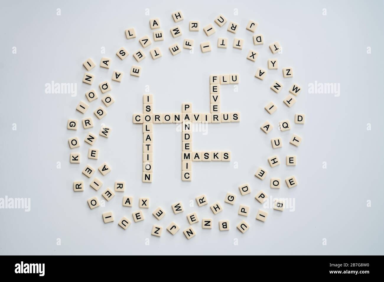 Coronavirus Scrabble Board Game - Covid-19 Pandemie-Isolierung Grippe maskiert Angst Stockfoto Coronavirus Scrabble Board Game - Covid-19 Pandemie-Isolierung Grippe maskiert Angst Stockfoto