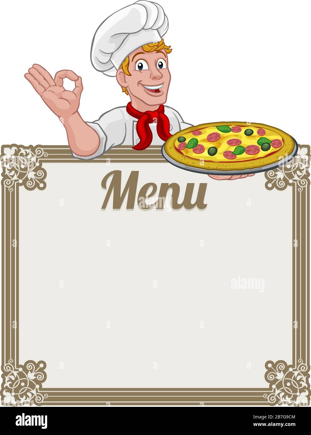 Pizza Chef Cook Cartoon Man Menu Hintergrund Unterzeichnen Stock Vektor