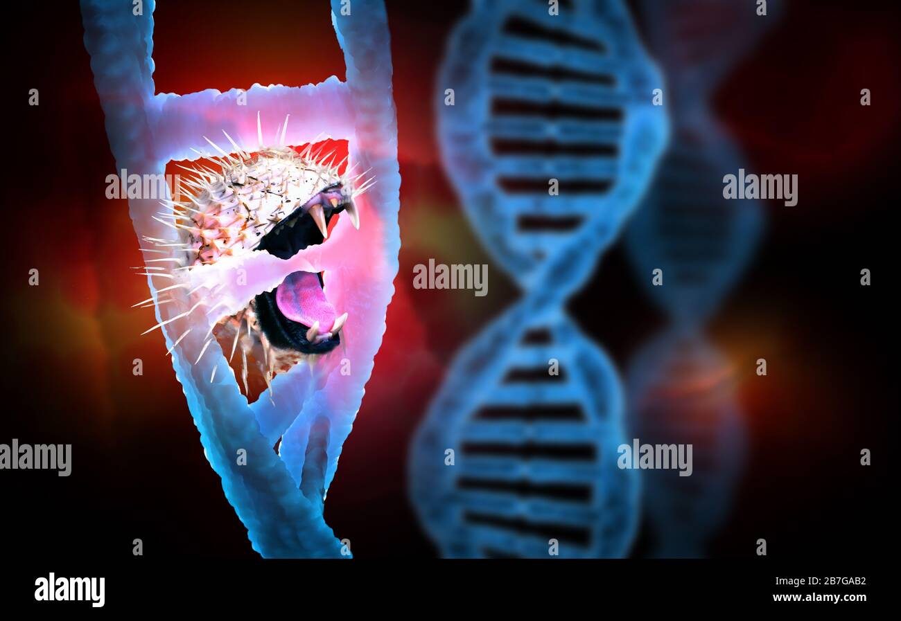 Konzeptioneller Virus mit Fangen, die die DNA-Struktur angreifen. Themenkonzept für virale Infektionen. Stockfoto
