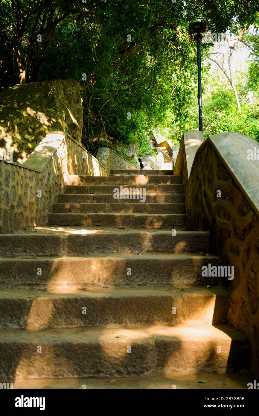 Südasien Sri Lanka Dambulla Cave Tempel Ceylon aus dem 1. Jahrhundert 5 Felsentempel 160 m Höhe 364 Steinstufen Detail Bäume Stockfoto