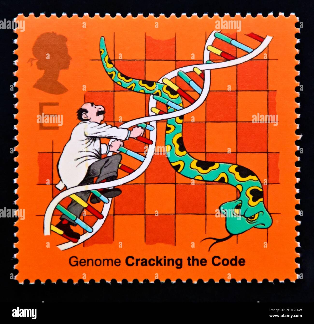 Briefmarke. Großbritannien. Königin Elizabeth II 50. Jahrestag der Entdeckung von DNA. DNA-Schlangen und Leitern. E. 2003. Stockfoto
