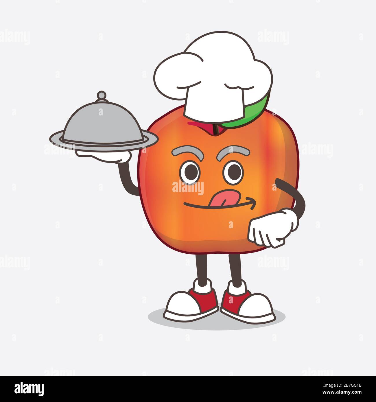 Ein Bild von Honeycrisp Apple Zeichentrick-Maskottchen als Chef mit Speisen auf dem Tablett bereit zu servieren Stockfoto