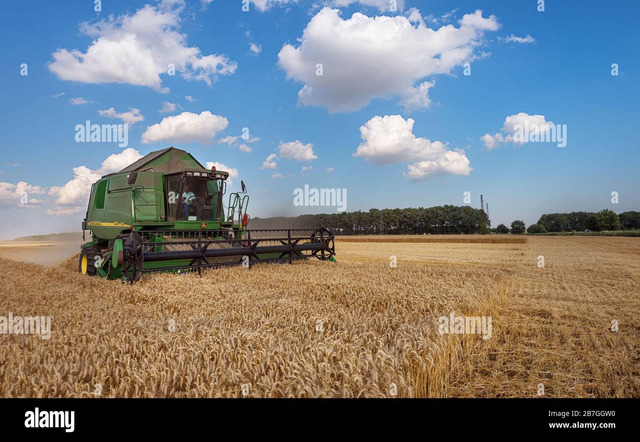 Dobrich, Bulgarien - 13. Juli: Moderne John Deere-Mähdrescher ernten Getreide auf dem Feld in der Nähe der Stadt Dobrich, Bulgarien 13. Juli 2017 Stockfoto