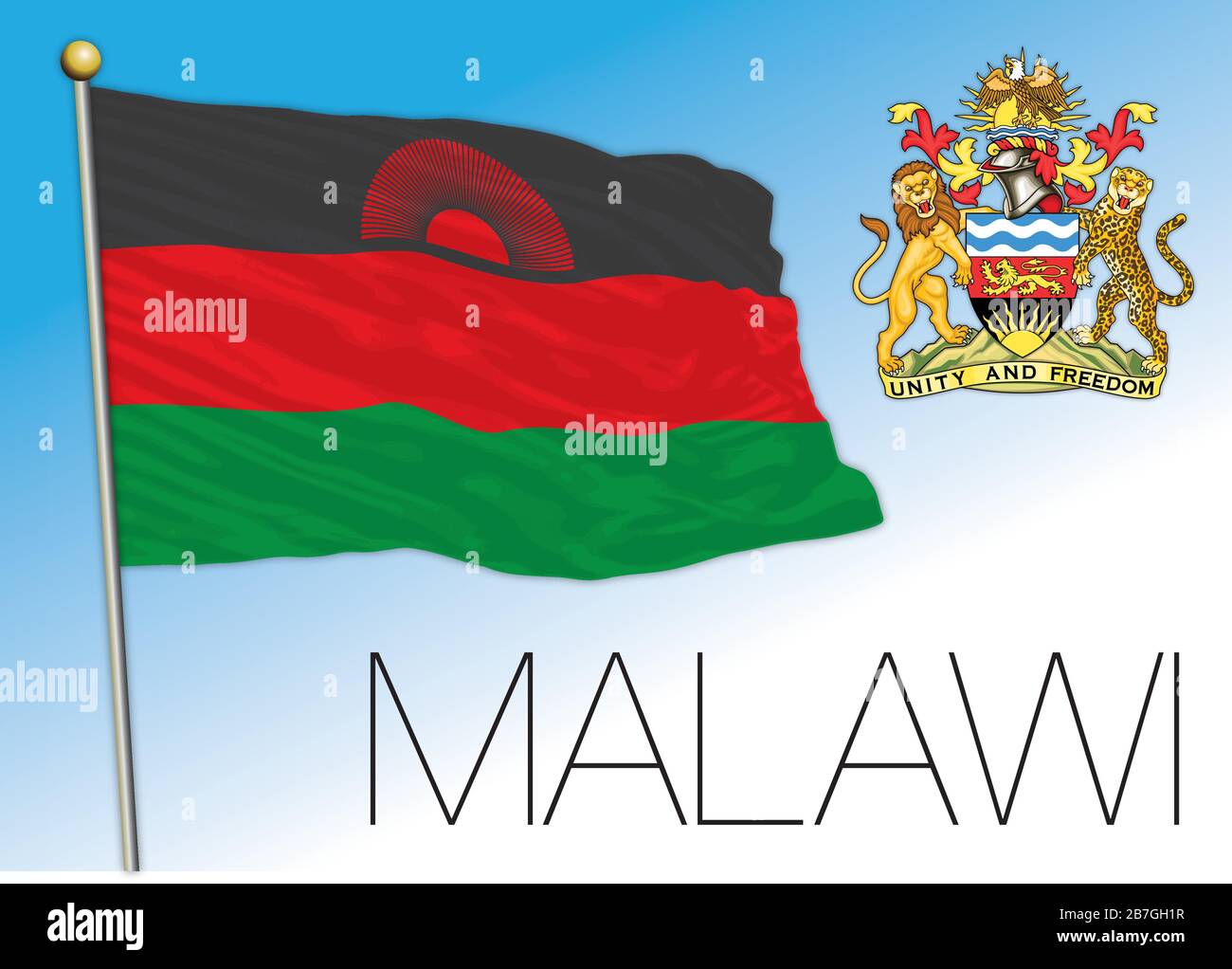 Malawi offizielle Nationalflaggen und -Wappen, afrikanisches Land, Vektorillustration Stock Vektor