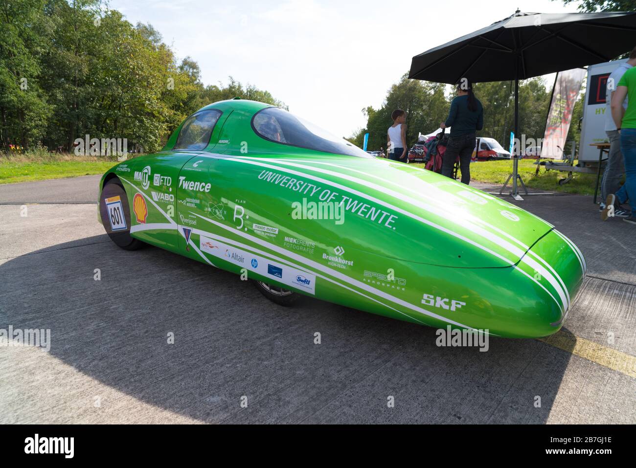 ENSCHEDE, NIEDERLANDE - 16. AUGUST 2018: Wasserstoffauto des Green Team Twente, einem Studenten-Team der Universität Twente, das sich mit dem Design begibt Stockfoto