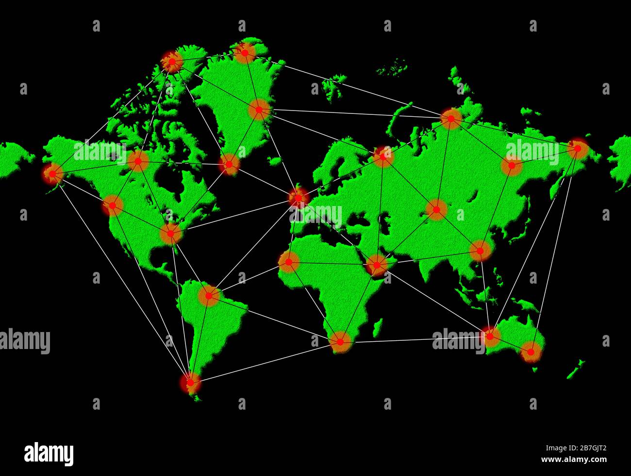 Abbildung zeigt die weltweite Verbreitung einer Infektion oder Infektionskrankheit oder eines Virus in der ganzen Welt, während einer Epidemie oder Pandemie. Stockfoto