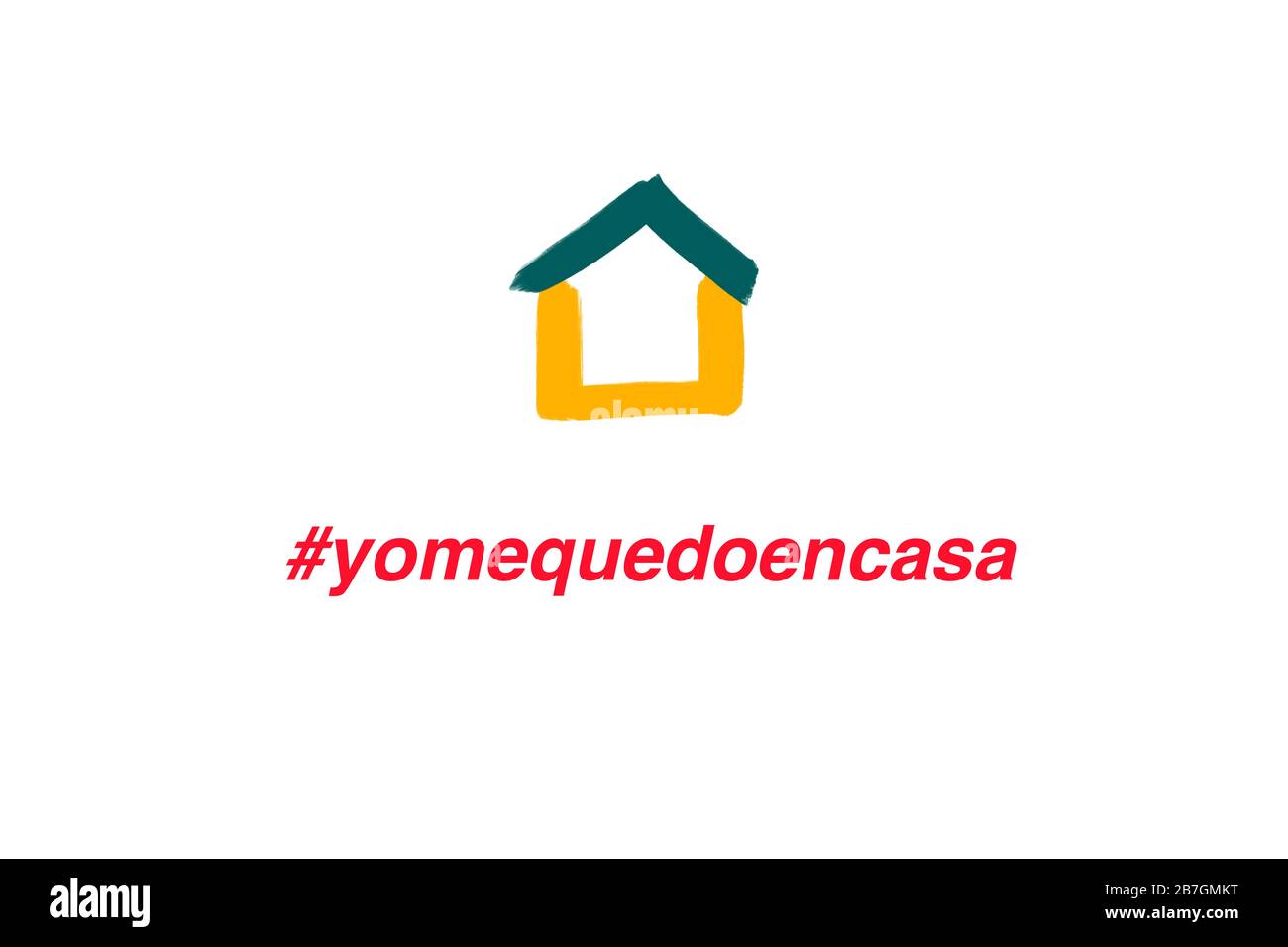 Spanische Übersetzung Ich BLEIBE ZU HAUSE und hashtag und Haus auf weißem Hintergrund. Spanien verlängert die Notfall-Quarantänemaßnahmen landesweit und rät den Menschen dazu Stockfoto