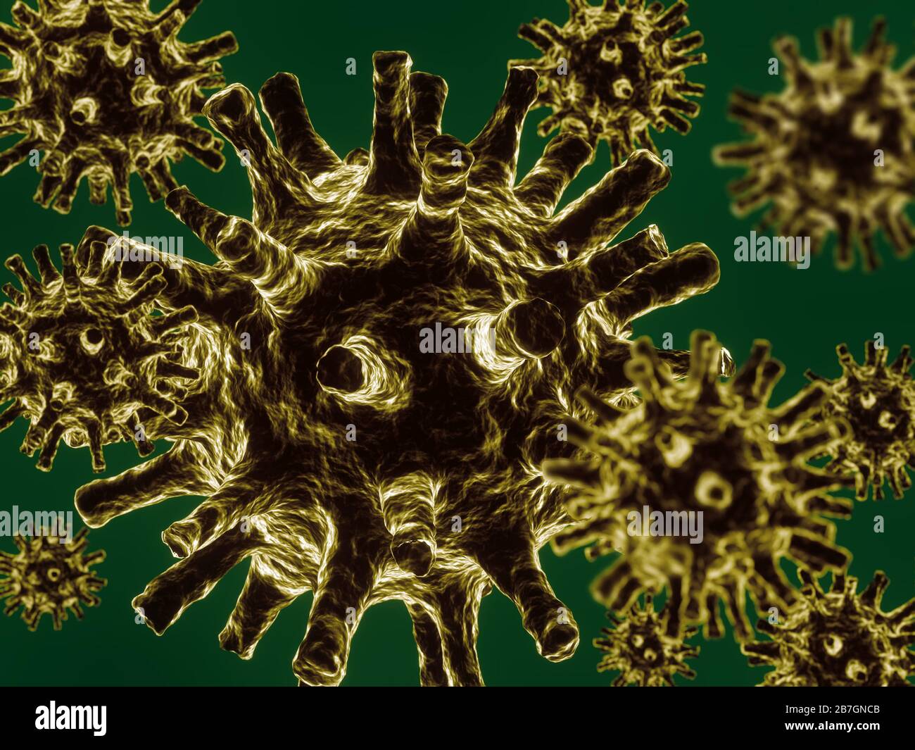3D-Rendering und mikroskopisches Bild tödlicher Coronavirus-Partikel Stockfoto