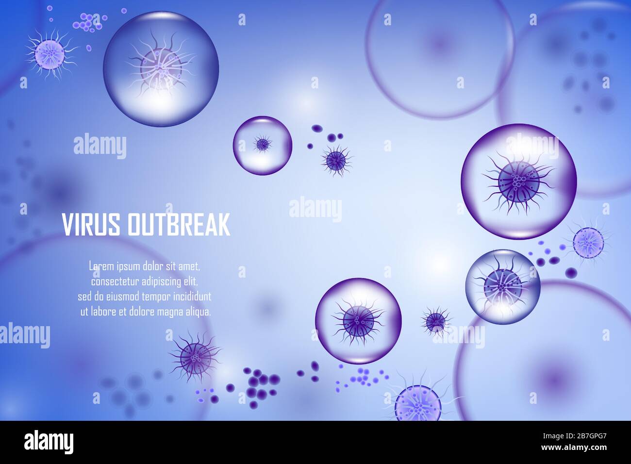 Abstrakter Vektorhintergrund mit Bakterien- und Viruszellen. Biology Medical Science Ad Concept Banner-Design. Abbildung medizinischer Molekülienseküle der Viruszelle Stock Vektor