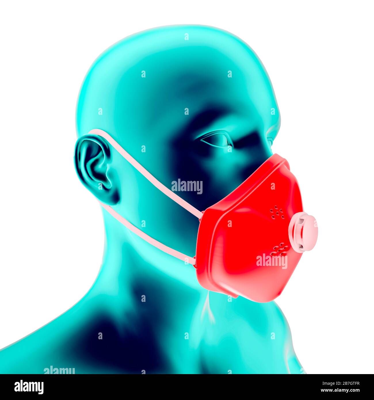 Mann mit Schutzmaske, Covid-19, Coronavirus, Personenschutz. Anatomie des Menschen. So schützen Sie sich vor Viren. Schutzvorrichtungen. Stockfoto