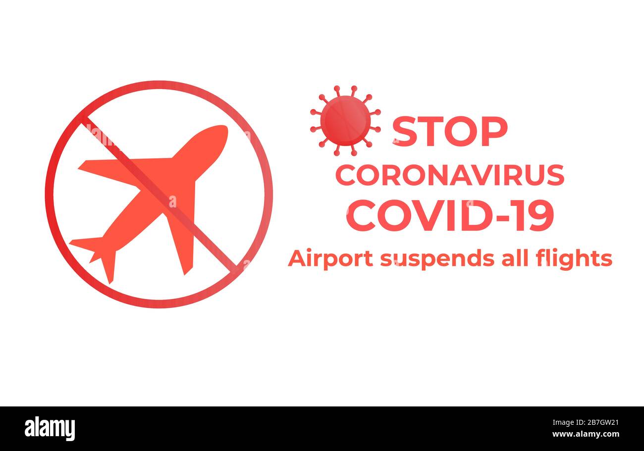 Coronavirus Covid-19. Abbildung des flachen Vektorsymbols. Airport unterbricht alle Flüge unter Quarantäne. Flugzeugankünfte und -Abflüge verbieten Stock Vektor
