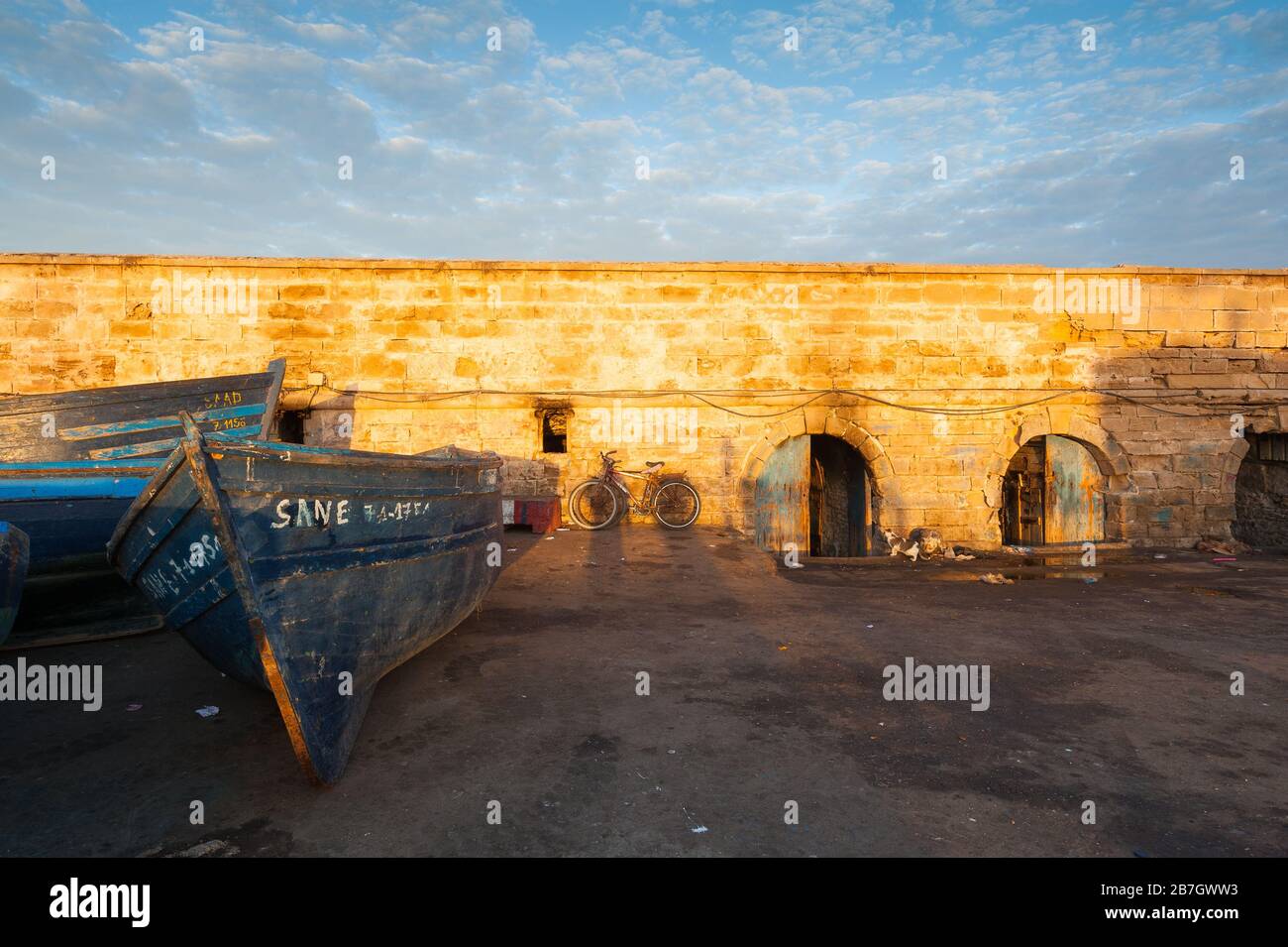 Hafen von Essaouira, Marokko bei Sonnenaufgang Stockfoto