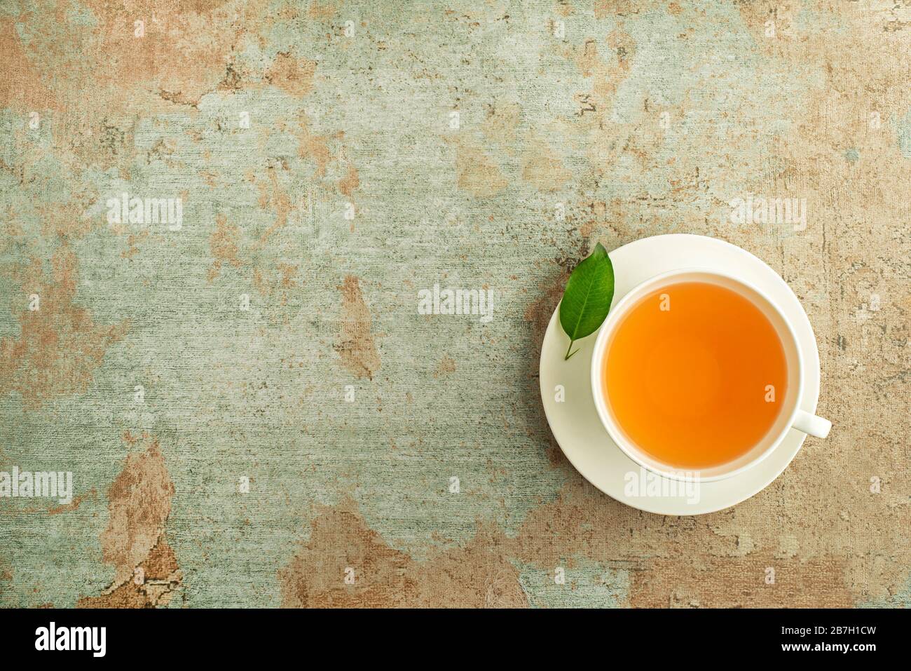 Teetasse. Tasse Grün und Kräutertee mit frischem Blatt Stockfoto