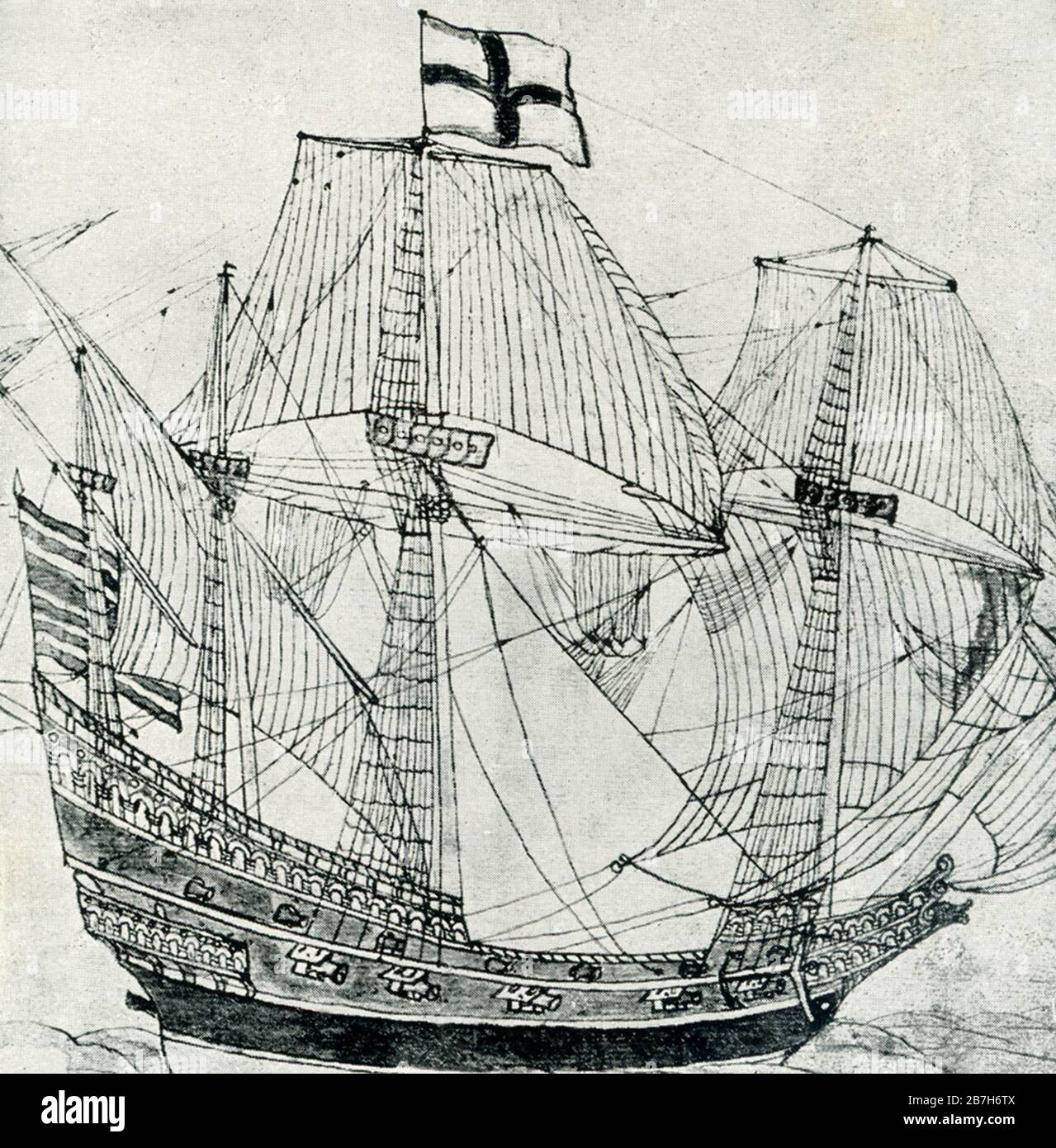 Der elisabethanische Kriegsmann war ein Ausdruck der britischen Royal Navy für ein mächtiges Kriegsschiff oder eine Fregatte vom 16. Bis 19. Dieses Bild stammt aus den frühen 1900er Jahren. Stockfoto