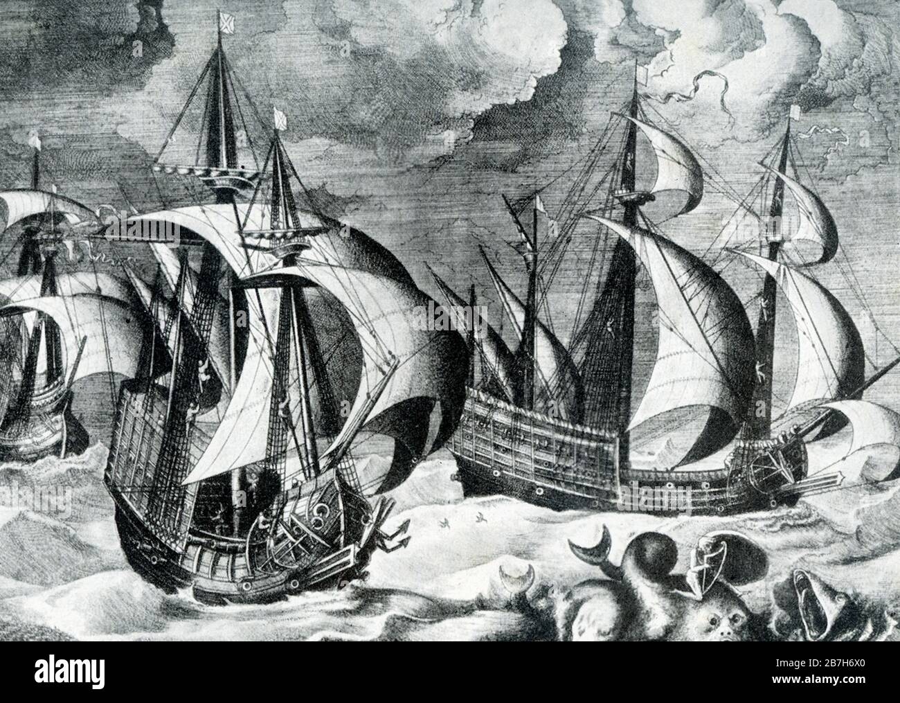 Dieses Bild, das auf die frühen 1900er Jahre zurückgeht, zeigt spanische Galeonen, groß, Mehrdeckige Segelschiffe, die zuerst von den Spaniern als bewaffnete Frachtführer eingesetzt und später von anderen europäischen Staaten im Alter von Segeln vom 16. Bis 18. Jahrhundert übernommen wurden, waren die wichtigsten Flotteneinheiten, die bis zu den Anglo-Niederländischen Kriegen Mitte der 1600er Jahre als Kriegsschiffe entworfen wurden. Stockfoto