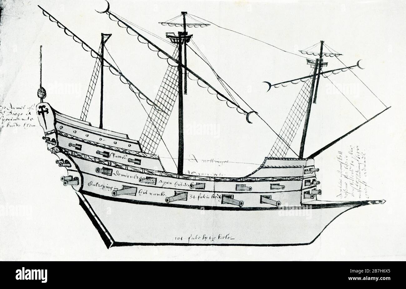 Die spanische Schatzflotte, auch Silberflotte oder Plattenflotte genannt, war ein Konvoisystem von Seerouten, das vom spanischen Reich von 1566 bis ins Jahr 1790 organisiert wurde. Sie verband Spanien mit seinen Territorien in Amerika über den Atlantik. Gezeigt wird hier eine Fregatte von etwa 1590. Eine Fregatte ist ein Kriegsschiffstyp mit verschiedenen Größen und Rollen im Laufe der Zeit. Im 17. Jahrhundert war eine Fregatte jedes Kriegsschiff, das für Geschwindigkeit und Manövrierfähigkeit gebaut wurde. Stockfoto
