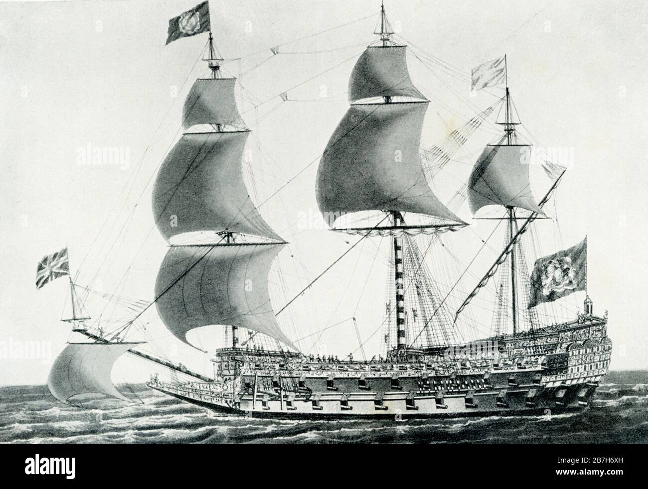 Dieses Bild des Sovereign of the Seas, das 1607 erbaut wurde, stammt aus den frühen 1900er Jahren. Sovereign of the Seas war ein Kriegsschiff der englischen Marine aus dem 17. Sie wurde als Erste-Klasse-Schiff mit 90 Pistolen der Linie der englischen Royal Navy bestellt, aber beim Start wurde sie auf Drängen des Königs, Charles I., mit 102 Bronzekanonen bewaffnet, später wurde sie in Sovereign und dann in Royal Sovereign umbenannt. Stockfoto