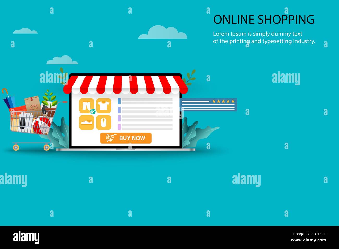 Konzept des Online-Einkaufs, Supermarktkorb mit Waren und Laptop, die auf dem Display eine Liste der Produkte, eine Beschreibung, eine Kundenbewertung anzeigen. Stock Vektor