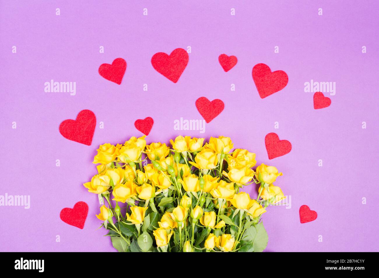 Gelb-pinke Rosen Blumen mit roten Herzen auf violettem Tischhintergrund Draufsicht mit freiem Platz Kopierraum Stockfoto