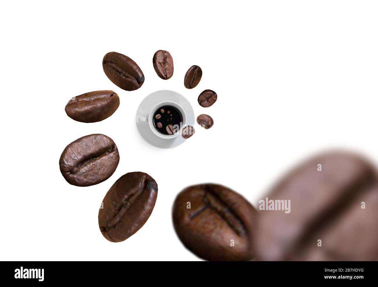 Geröstete Kaffeebohnen fallen in die Kaffeetasse auf weißem Hintergrund. Konzept für die Werbung von Kaffeeprodukten. Selektiver Fokus. Stockfoto