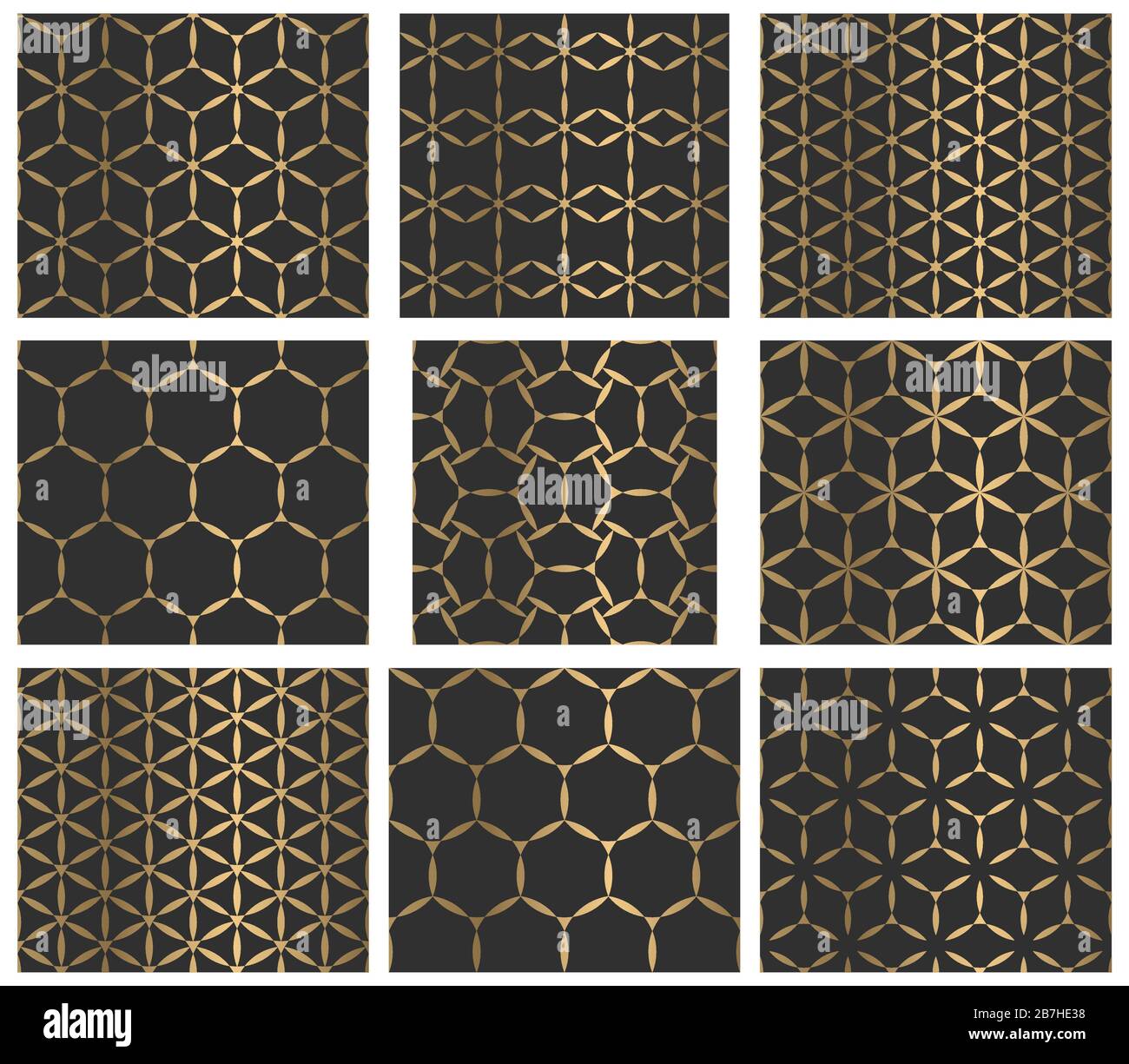 Set aus dekorativen, abstrakten goldenen, geometrischen, nahtlosen Mustern. Traditionell orientalischer Zierhintergrund. Vektorgrafiken. Stock Vektor