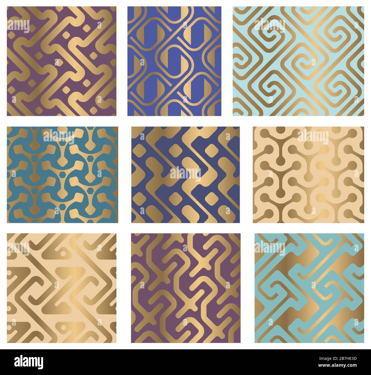 Set aus dekorativen goldenen, abstrakten, geometrischen, nahtlosen Mustern. Traditionell orientalischer Zierhintergrund. Vektorgrafiken. Stock Vektor