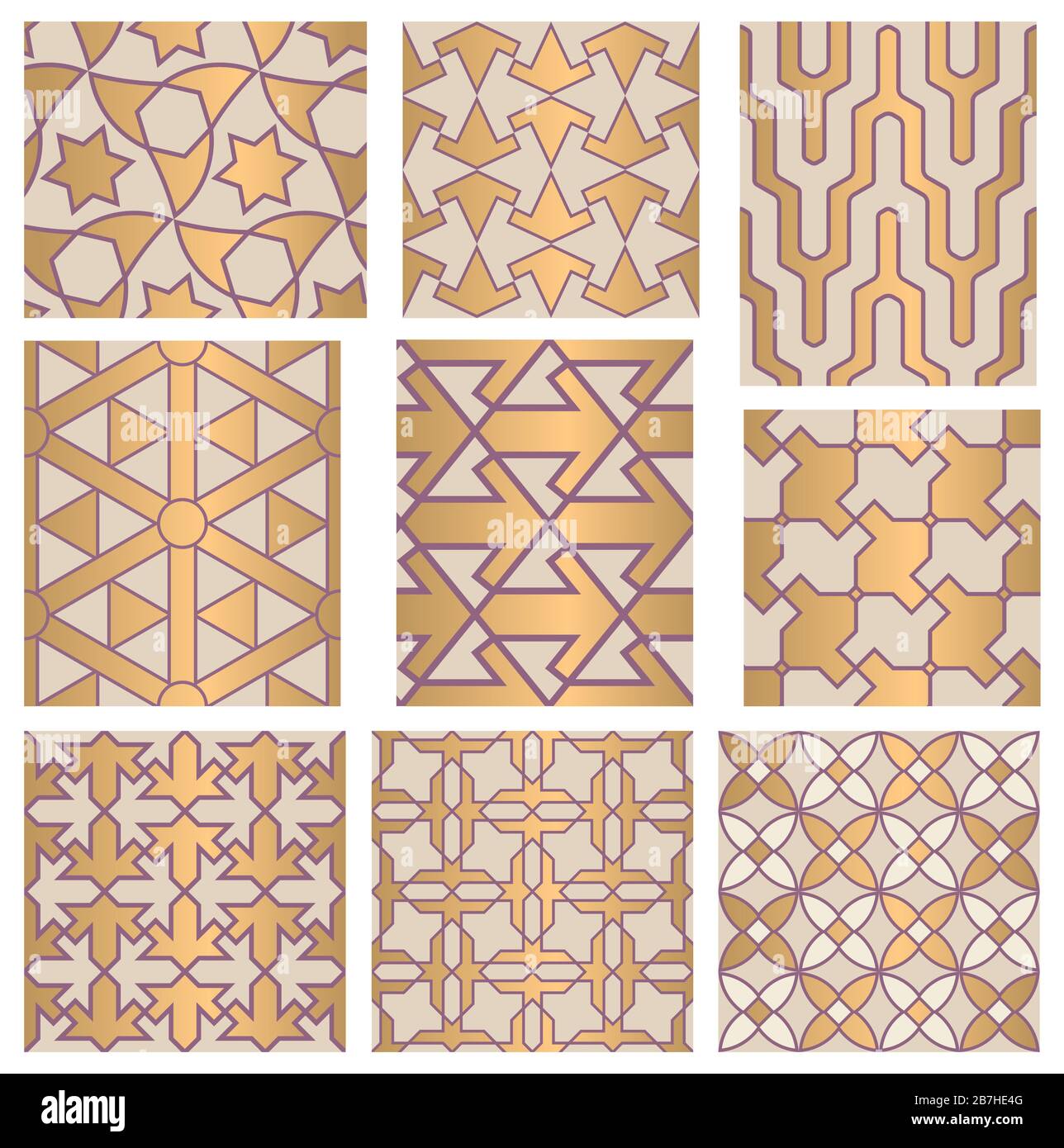 Satz dekorativer abstrakter geometrischer nahtloser Muster. Traditionell orientalischer Zierhintergrund. Vektorgrafiken. Stock Vektor