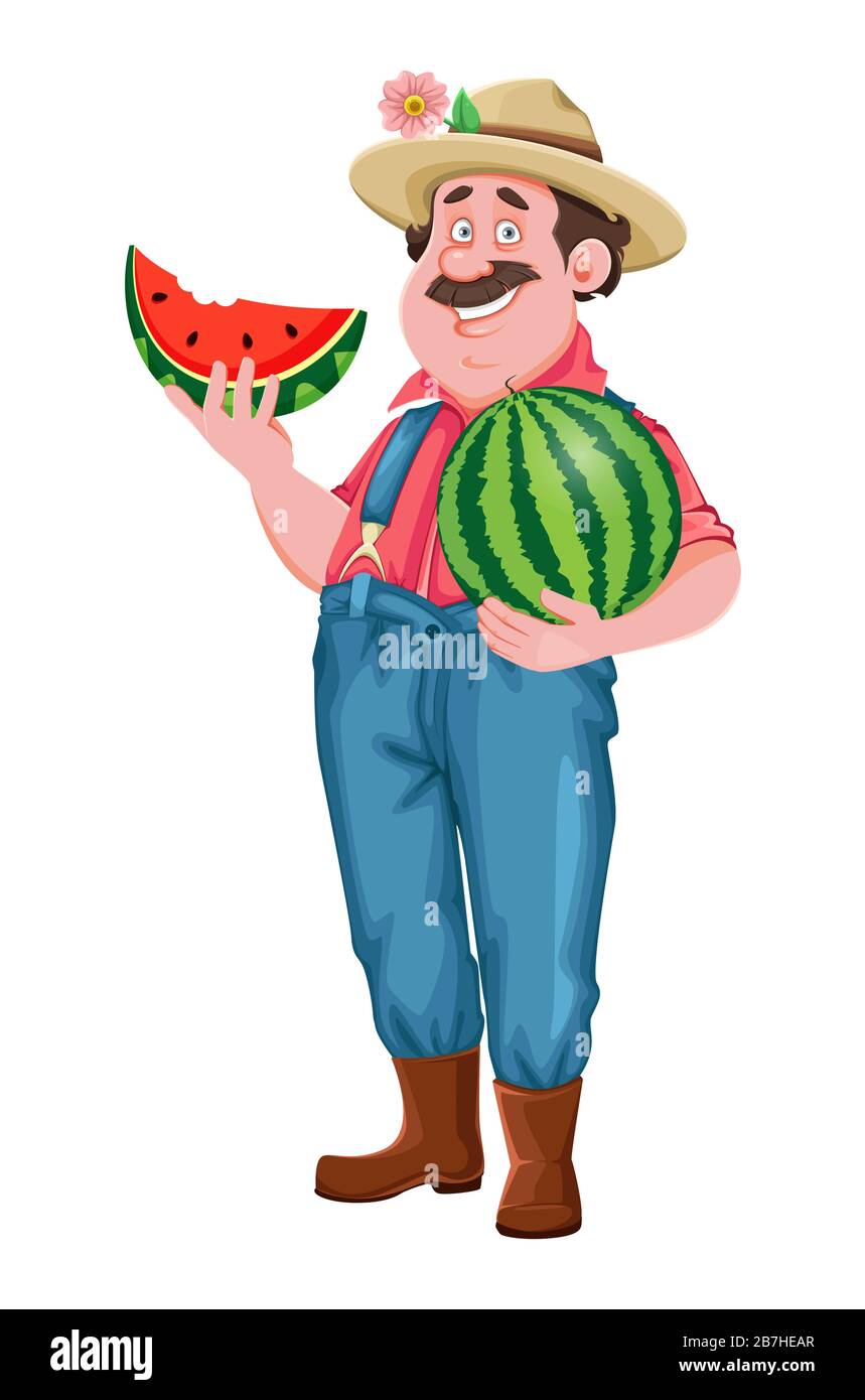 Farmer Cartoon-Charakter. Fröhlicher Bauer mit großer Wassermelone. Vektor-Darstellung auf weißem Hintergrund Stock Vektor