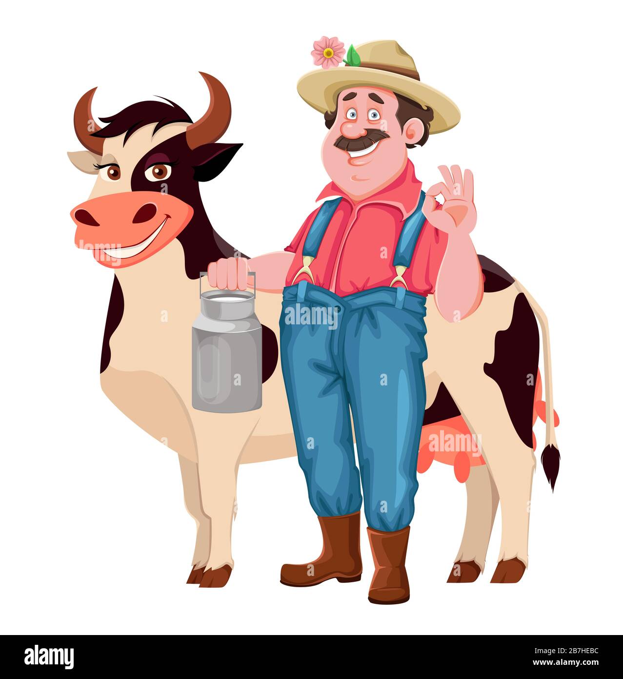 Farmer Cartoon-Charakter. Fröhlicher Bauer mit Kuh und Milch kann. Stockvektor isoliert auf weiß Stock Vektor