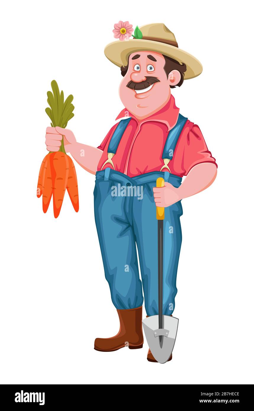 Farmer Cartoon-Charakter. Fröhlicher Bauer hält Karotten und Schaufel. Stockvektor isoliert auf weiß Stock Vektor