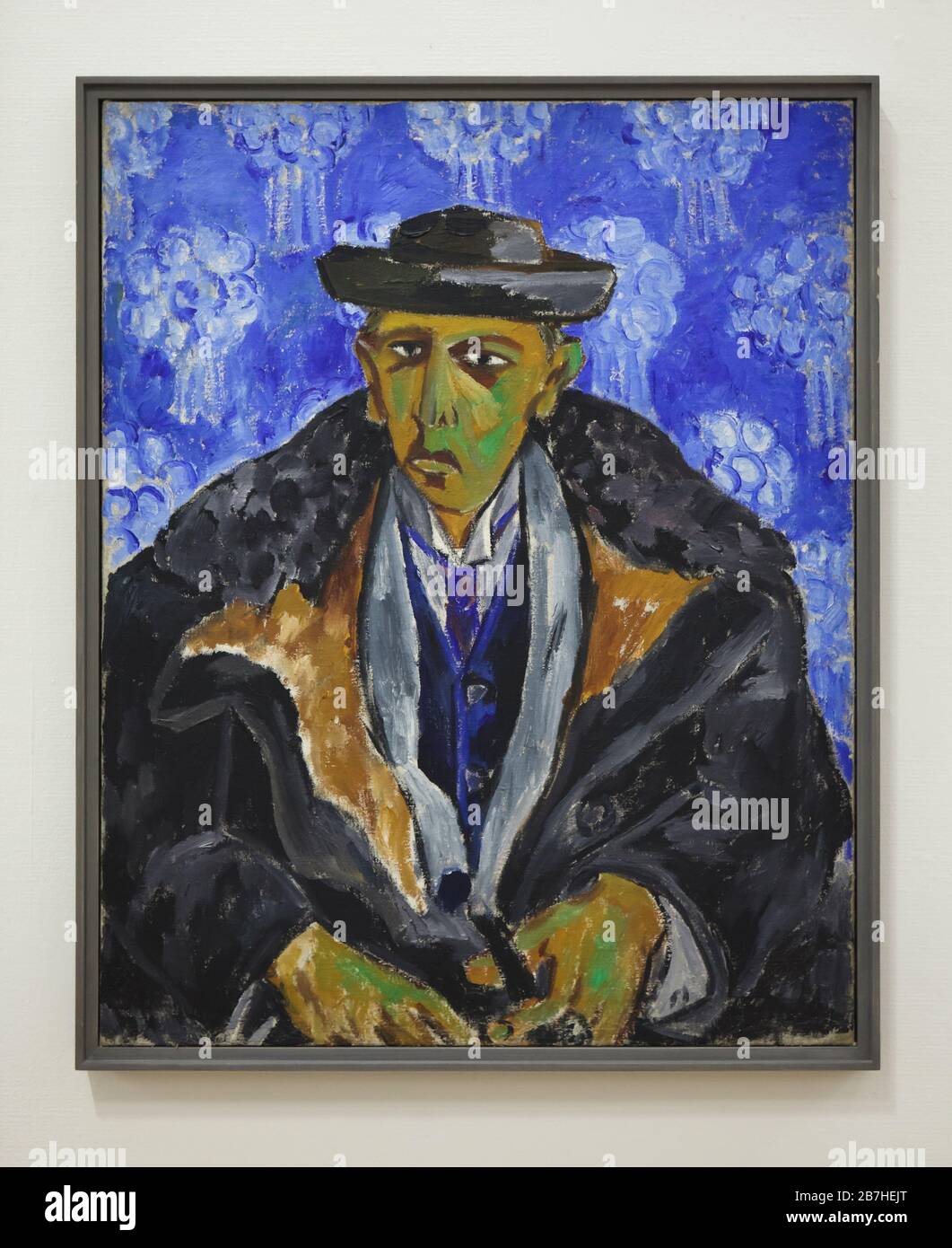 Gemälde "Porträt von Vladimir Tatlin" der russischen Avantgarde-Malerin Natalia Goncharova (1911-1913) im Centre Pompidou in Paris, Frankreich. Stockfoto